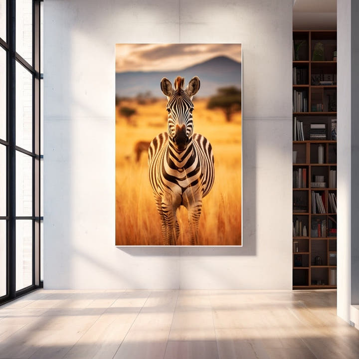 Portrait painting of a zebra in golden savannah grass at dusk