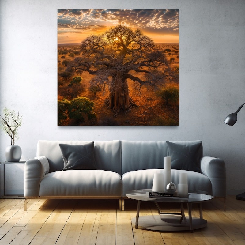 Ancient baobab tree silhouetted against a fiery orange savannah sunset