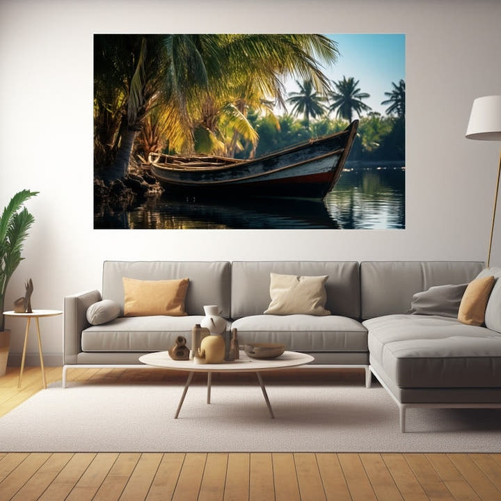 Wooden boat moored beneath palm trees on a still tropical lagoon at golden hour