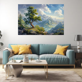 Lone tree on a rocky ledge before snow-capped mountains and a green alpine valley