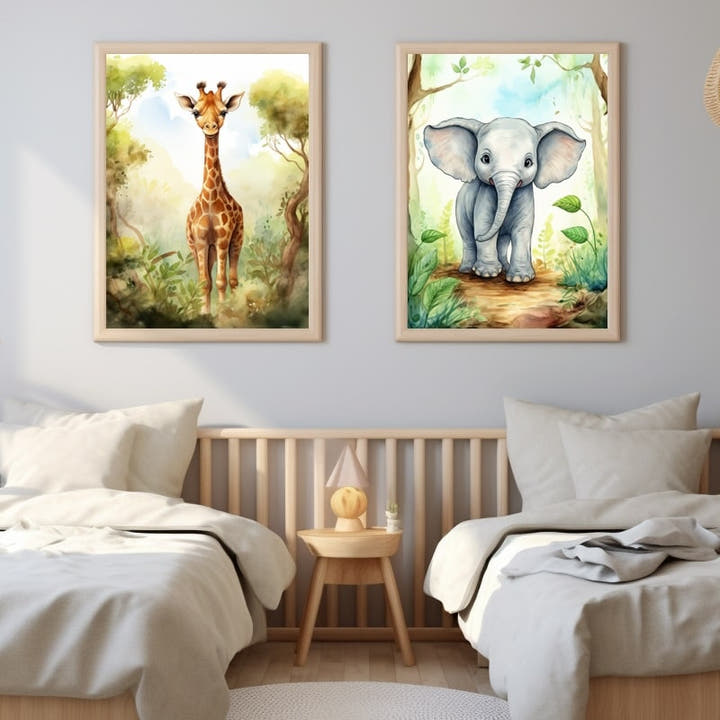 Baby giraffe and baby elephant in a lush green watercolour jungle