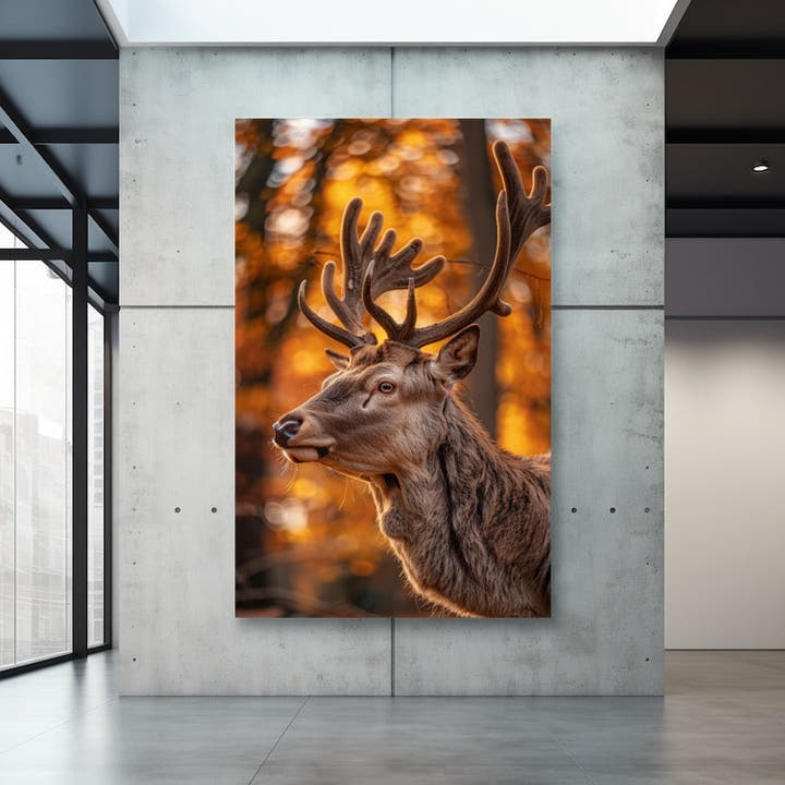 Red deer stag in profile against a glowing autumn forest