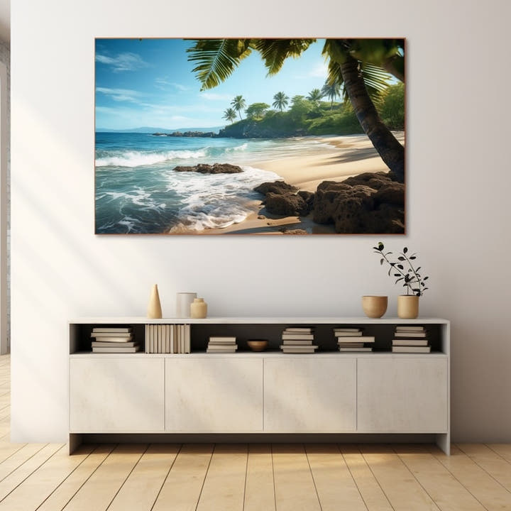 Beach painting with palm trees, turquoise water, golden sand and weathered rocks