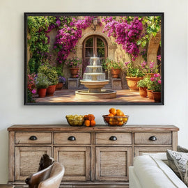 Mediterranean courtyard painting with a stone fountain and magenta bougainvillea