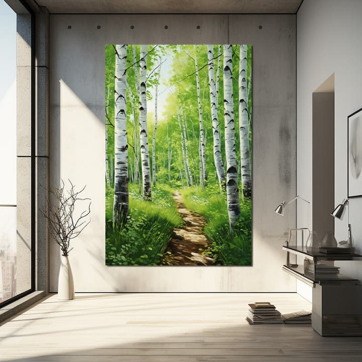 Acrylic painting of a sunlit birch grove with a path winding through tall white trunks and lush green foliage