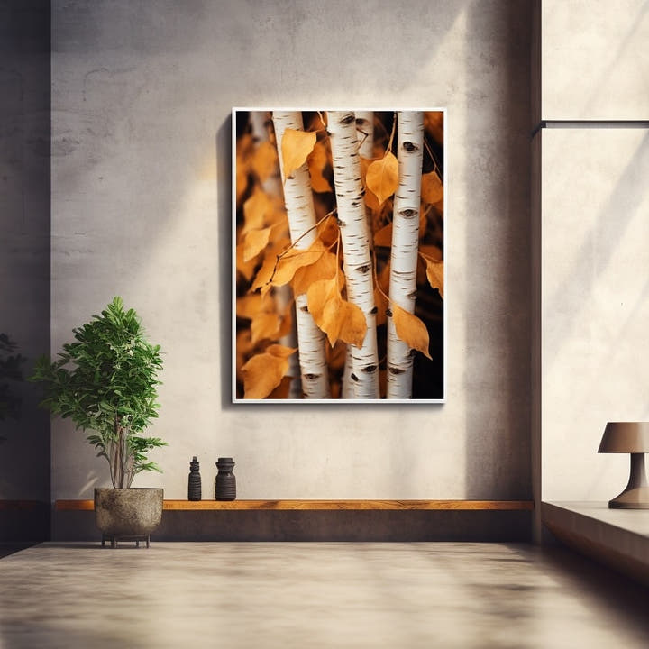 Close-up of white birch trunks framed by glowing amber autumn leaves