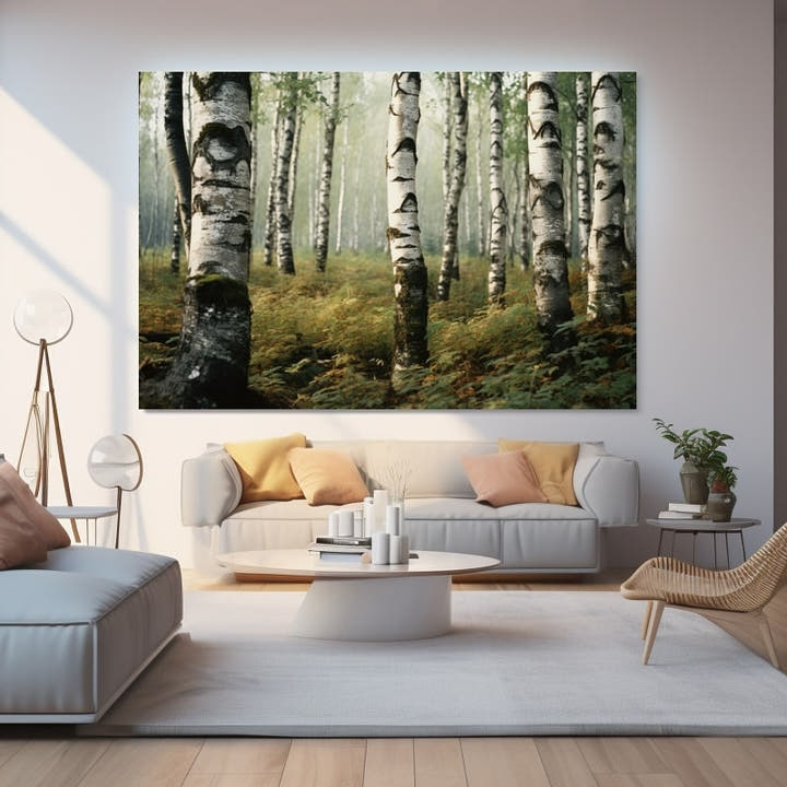 Silver birch grove with white trunks above ferns in a misty forest