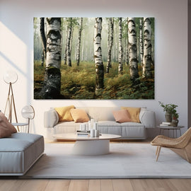 Silver birch grove with white trunks above ferns in a misty forest