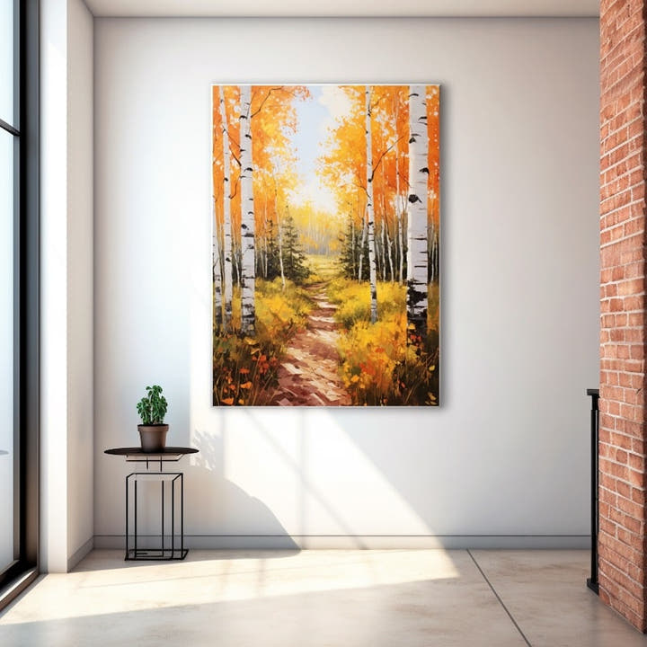Sunlit path through a birch forest with fiery orange autumn canopy