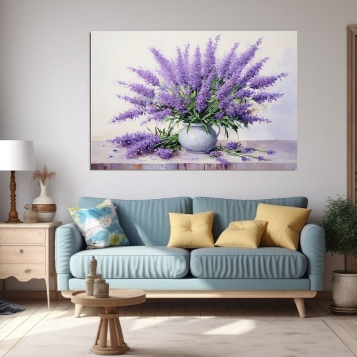 Painterly lavender bouquet in a white vase on a pale table
