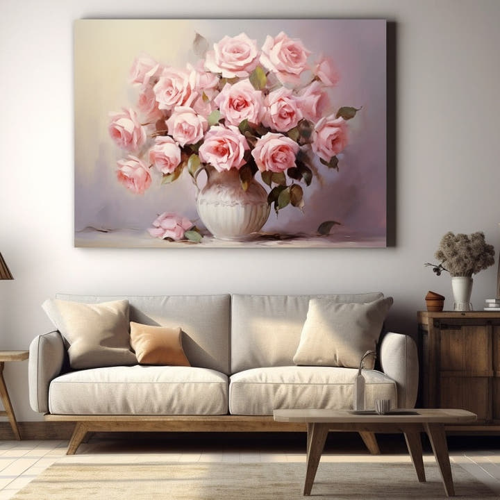 Painting of blush-pink roses in a white ceramic vase