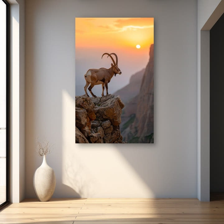 Ibex with long curved horns on a cliff edge at amber sunset