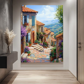 Mediterranean hillside village with terracotta roofs and bougainvillea