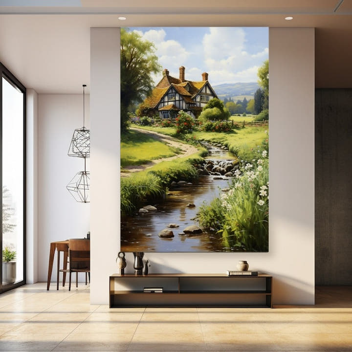 Tudor cottage beside a stream surrounded by summer greenery and roses