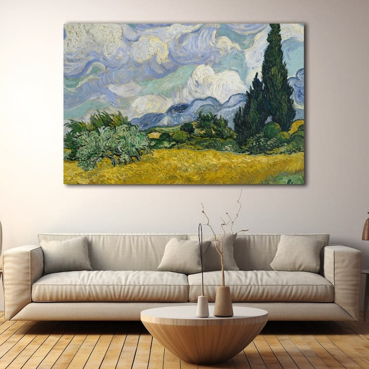 Van Gogh-style countryside with golden wheatfield, swirling clouds and a dark cypress