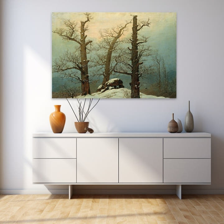Painting of bare gnarled oak trees on a snow-covered mound at winter dawn