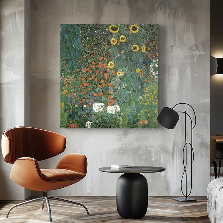 Famous sunflower painting of a cottage garden with golden sunflowers and red poppies