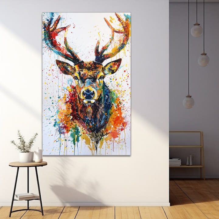 Colourful watercolour stag with crimson, gold and turquoise antlers and paint splashes on white