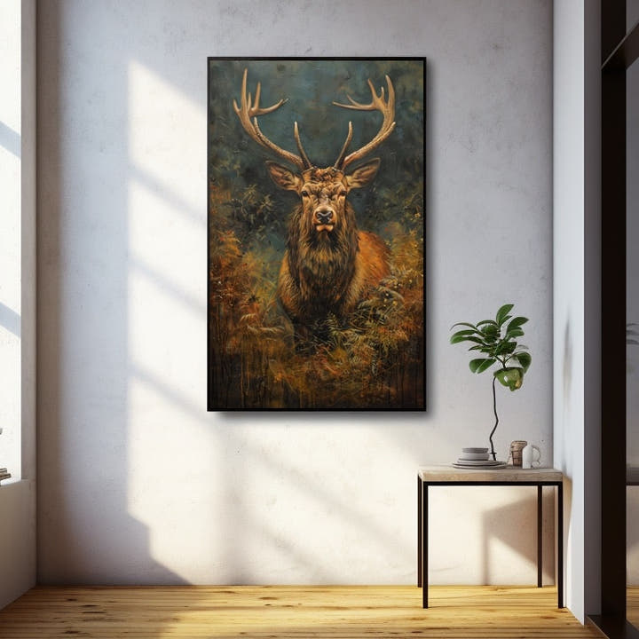 Majestic red stag with antlers in an autumn woodland