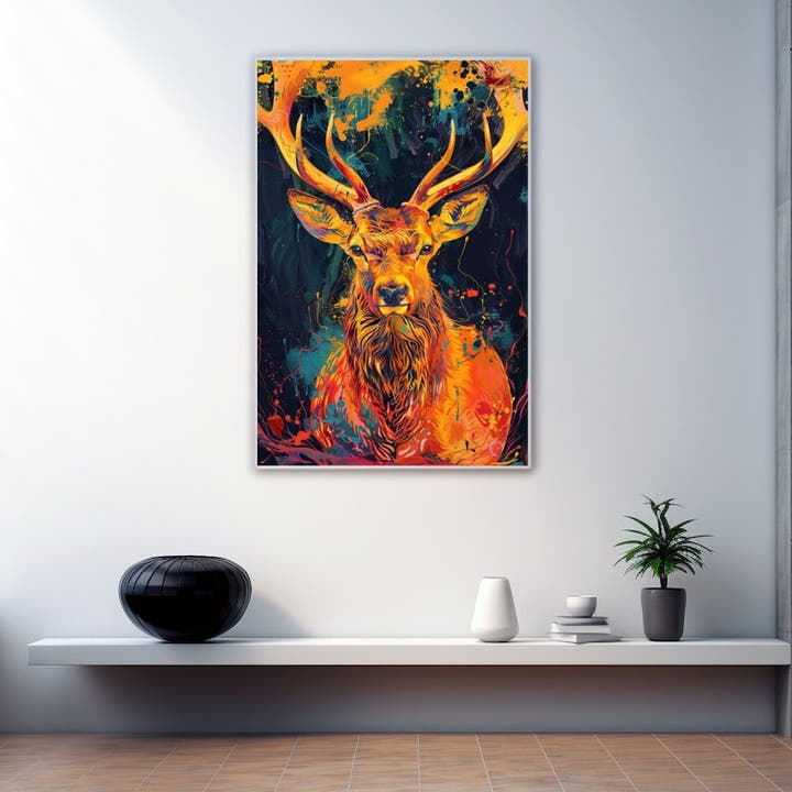 Neon pop art stag painting in electric orange and teal