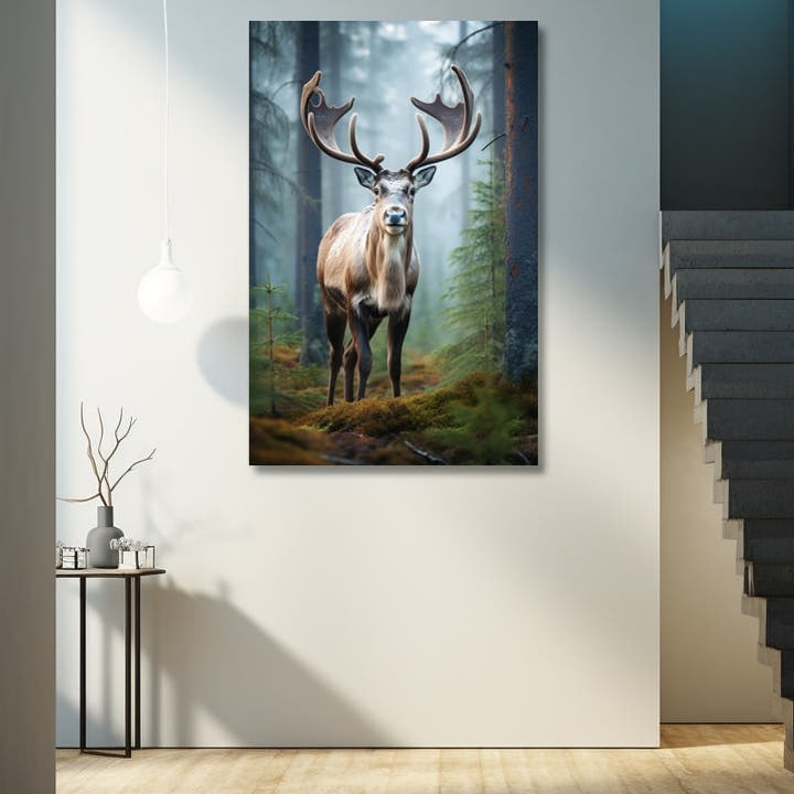 Noble stag in a misty pine forest painting