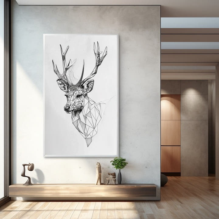 Geometric deer painting of a stag in graphite pencil and faceted lines on white