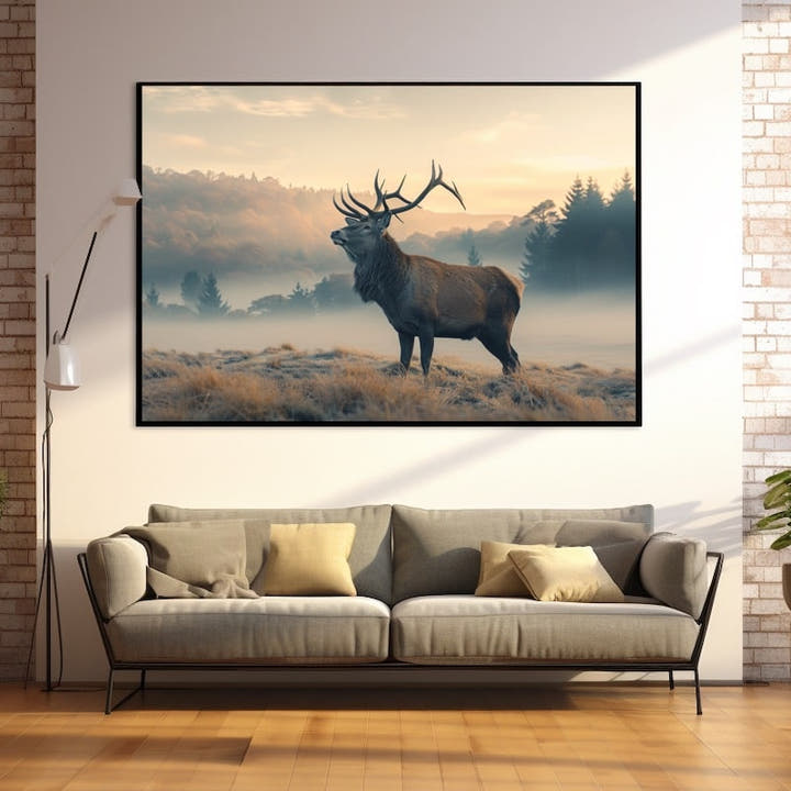 Painting of a red stag on a frosty ridge at misty dawn