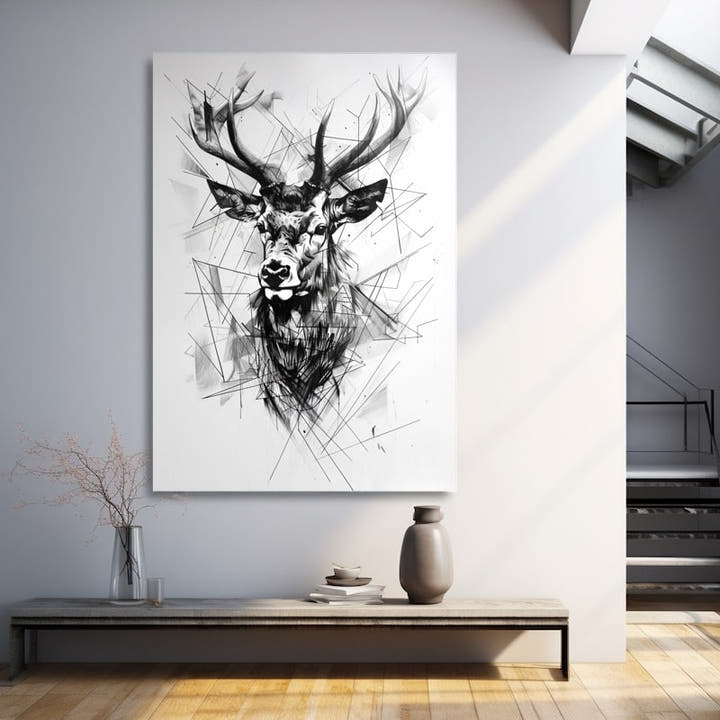 Monochrome geometric sketch of a stag head with branching antlers on white