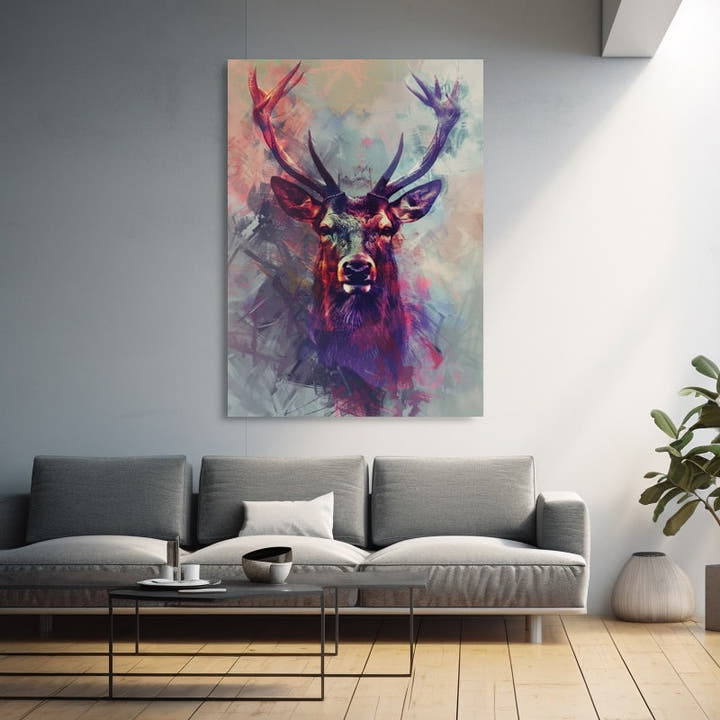 Modern stag painting, plum stag portrait with antlers