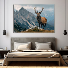 Realistic painting of a red stag standing on a rocky ridge before snow-streaked mountains