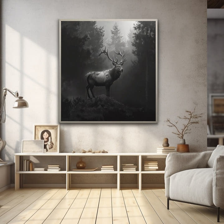 Black and white stag on a rocky rise among misty pines