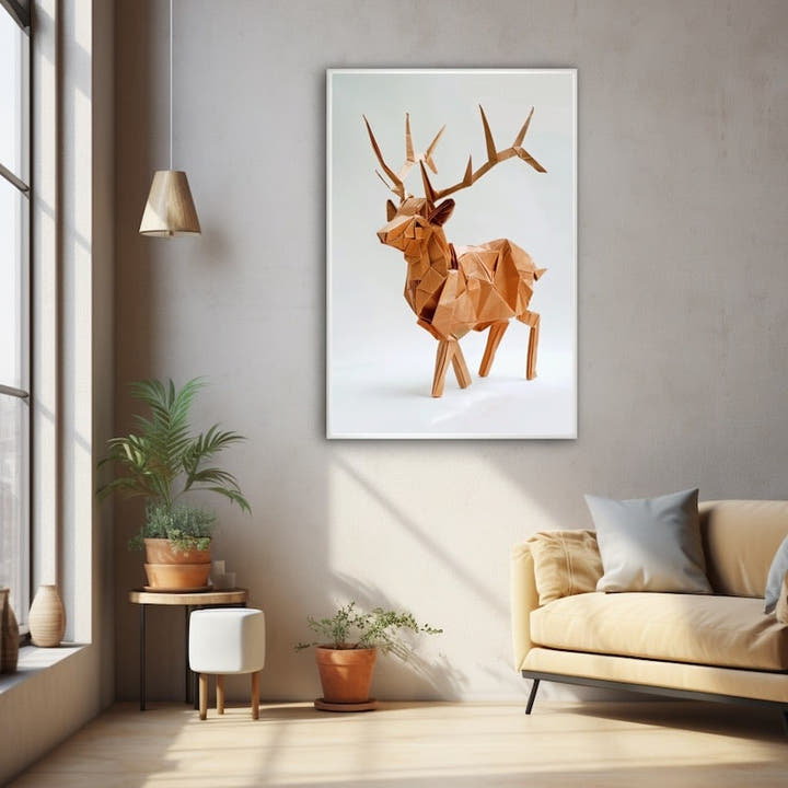 Origami-style folded paper stag in terracotta tones canvas