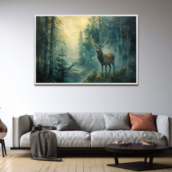 Painting of a stag in a misty pine forest