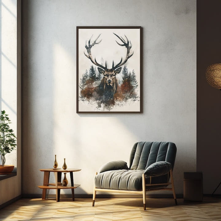 Watercolour stag with large antlers emerging from a misty pine forest