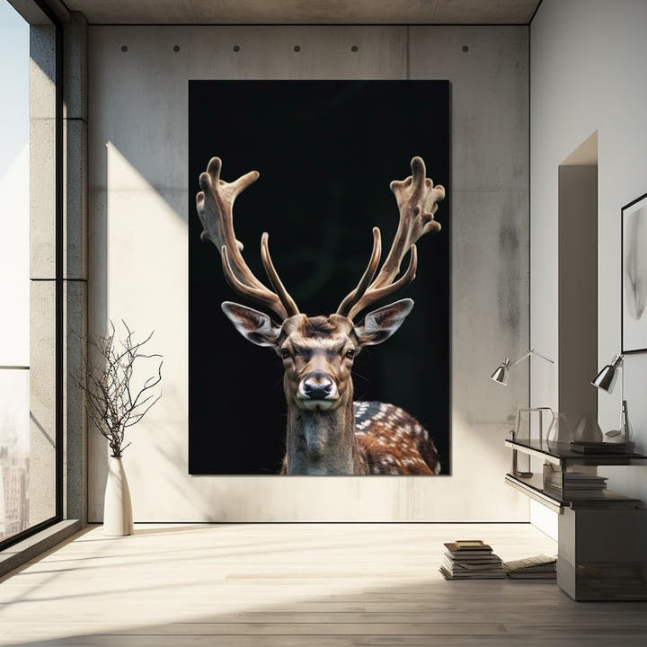 Close-up of a fallow deer with palmate antlers against a deep black background