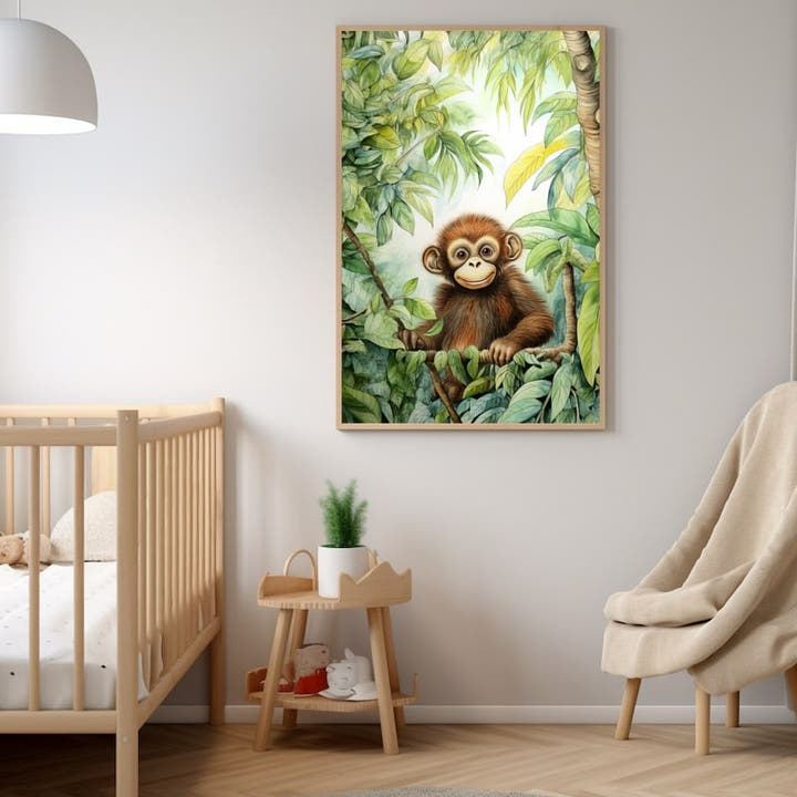 Watercolour baby monkey among soft green jungle leaves