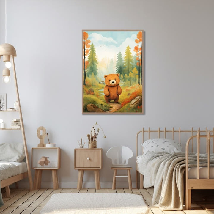 Cartoon bear standing in a glowing autumn forest, watercolour style