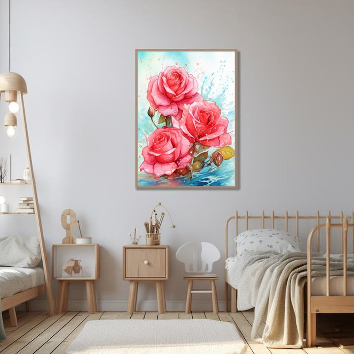 Watercolour painting of three coral-pink roses with turquoise splashes