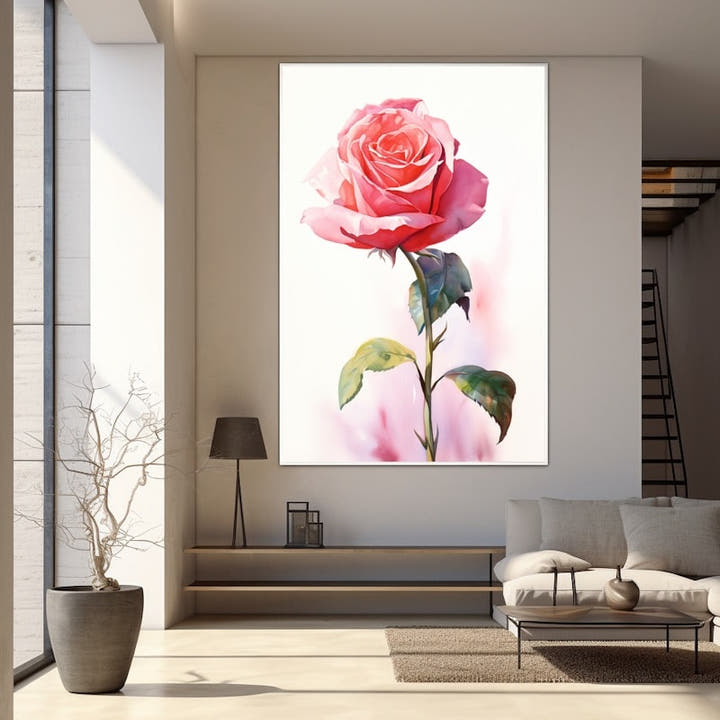 Single pink rose watercolour on a pale ground
