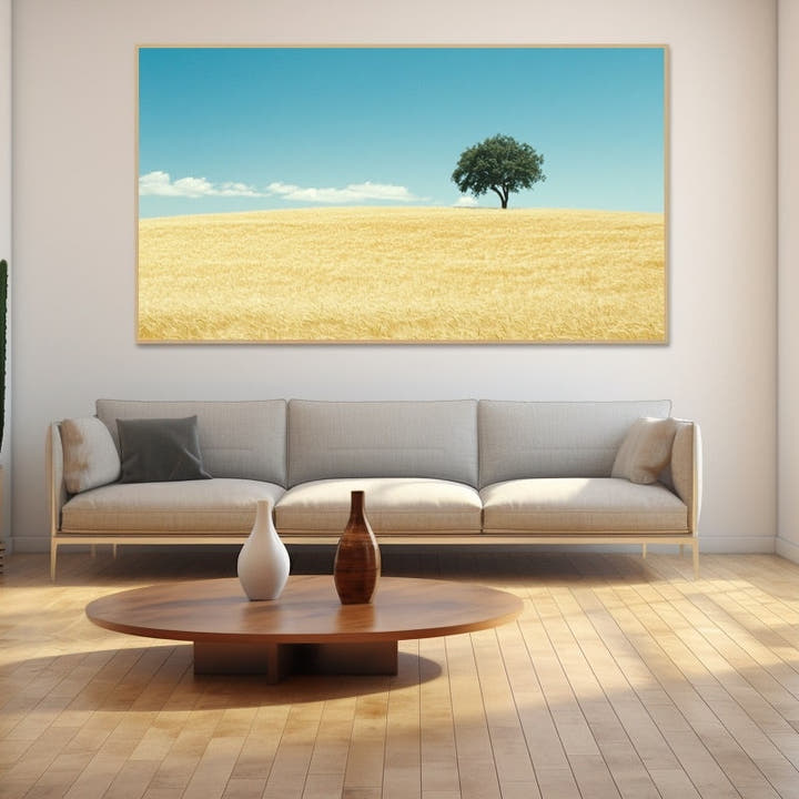 Golden wheat field with a lone tree under a clear blue sky