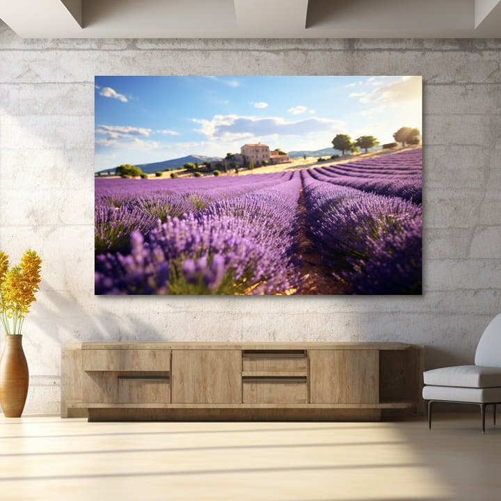 Photographic lavender field with a stone farmhouse in warm light