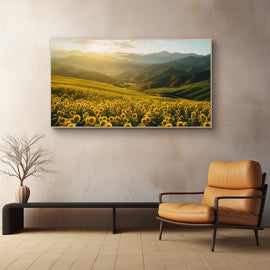 Sunflower field on rolling hills at sunrise with distant misty mountains