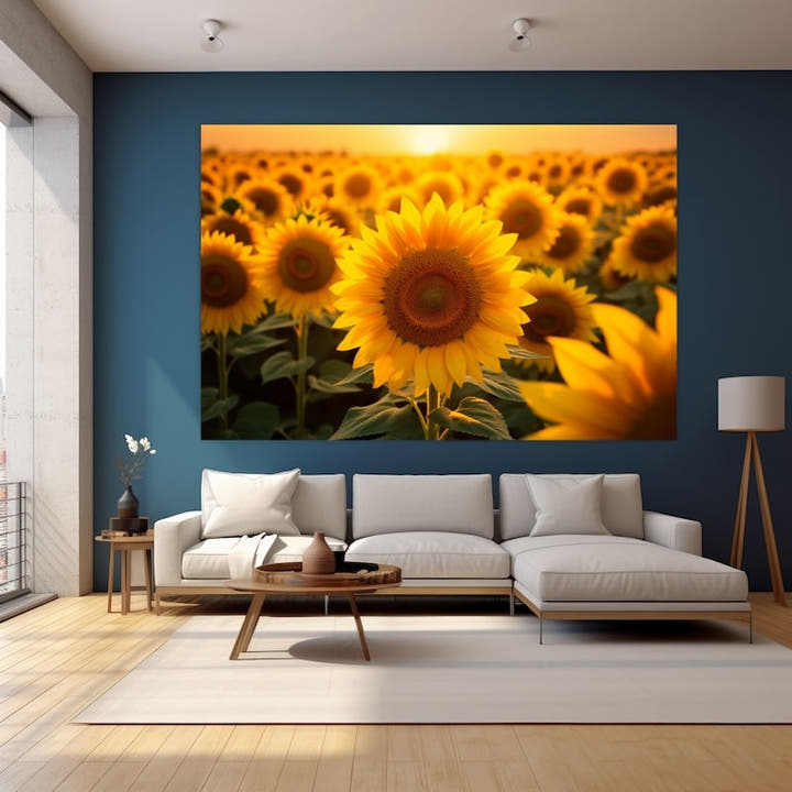 Photographic sunflower field at golden-hour sunset