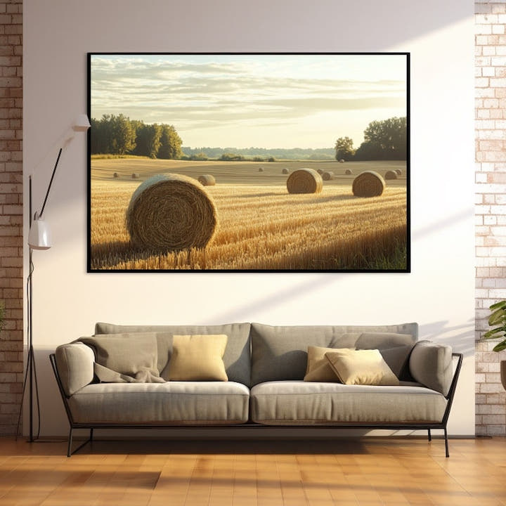 Countryside painting of golden hay bales on a harvested field at sunset