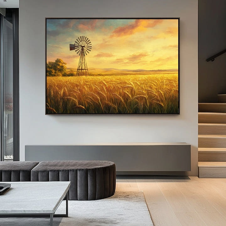 Painting of a golden wheat field at sunset with an old windmill