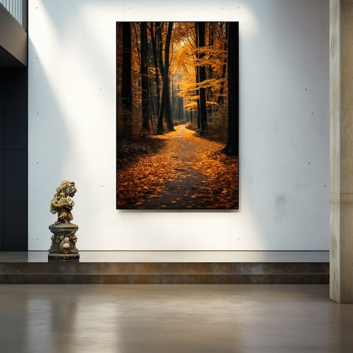 Painting of an autumn forest path covered in golden fallen leaves