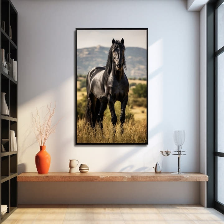 Black Friesian horse standing in a golden meadow below hazy hills