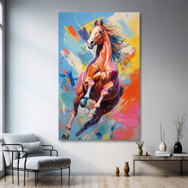 Modern abstract painting of a leaping horse in coral and amber