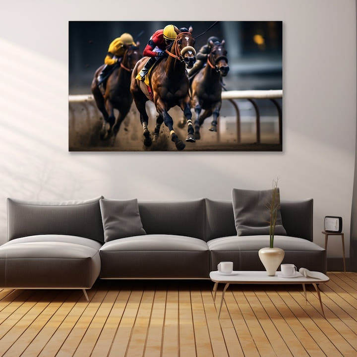 Three thoroughbred racehorses racing round a bend with a jockey in red and gold