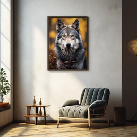 Grey wolf portrait with amber eyes against golden autumn foliage